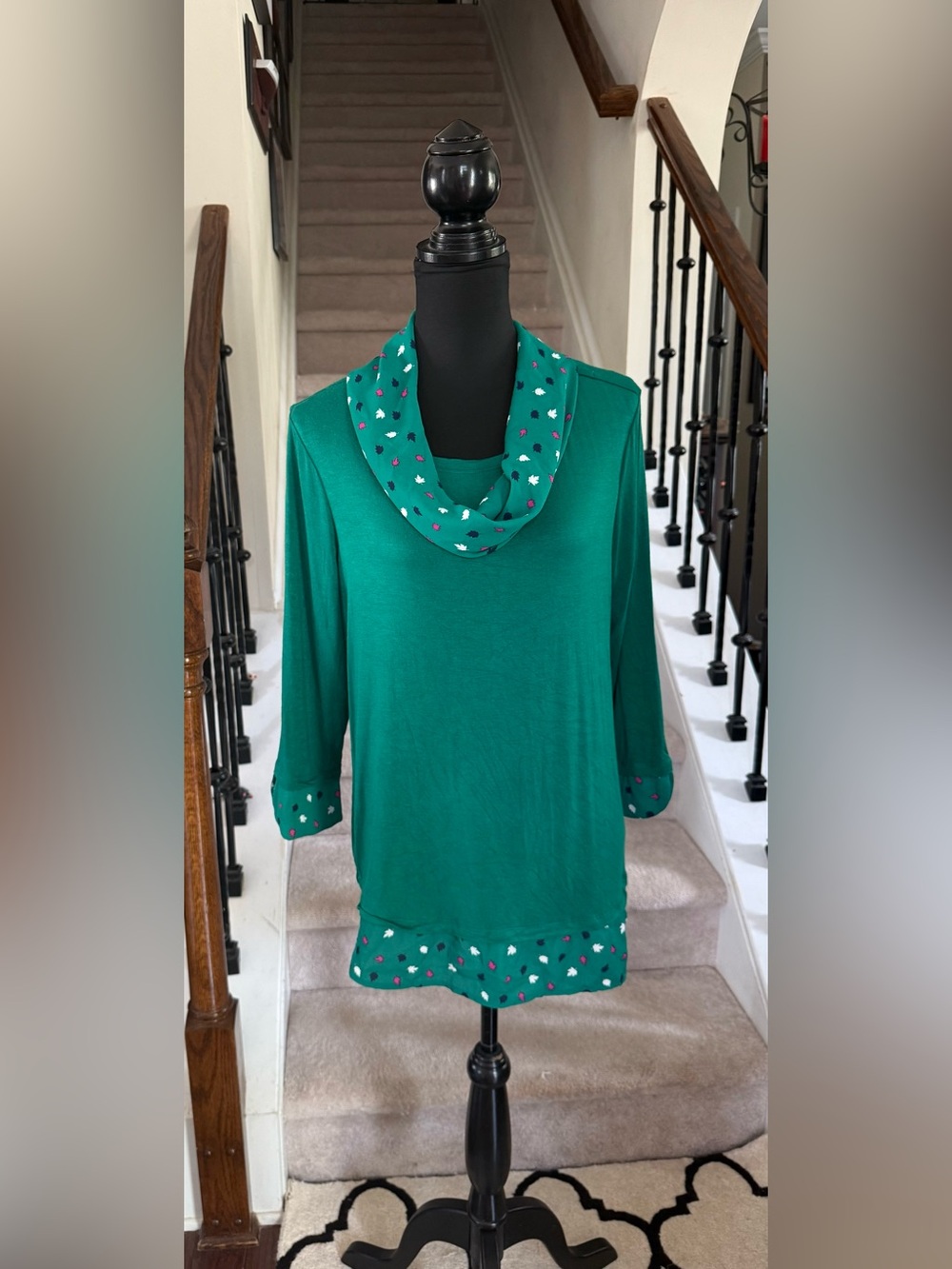 Kim Rogers Emerald Green Cowl-Neck Tunic with Printed Accents